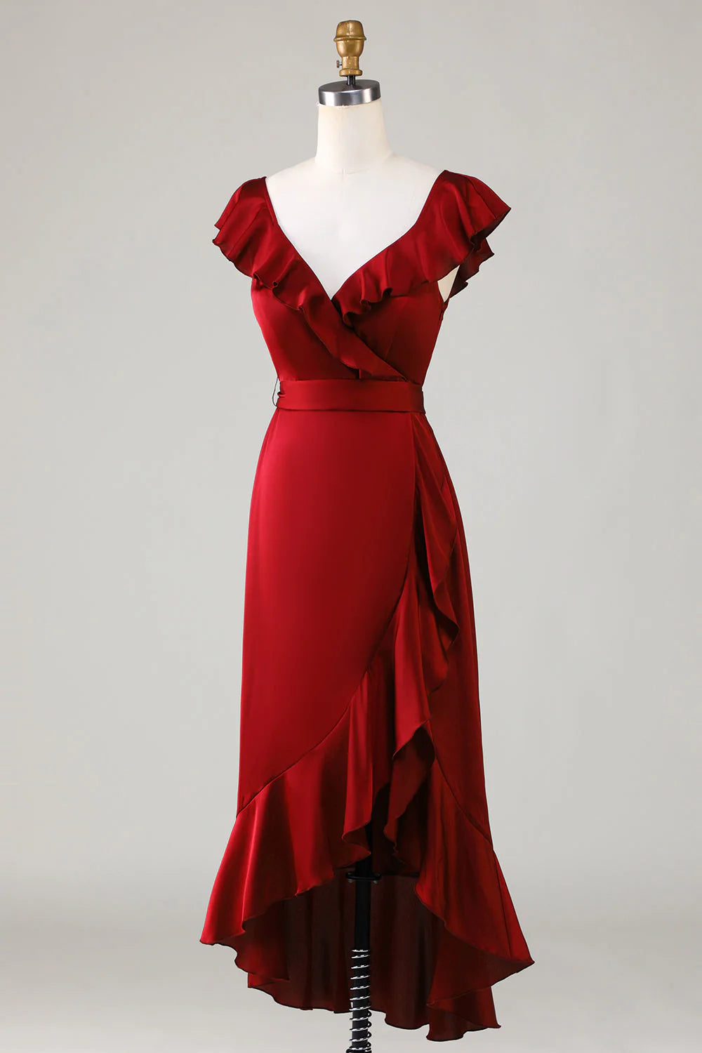 V-neck wine red ruffled bridesmaid dress