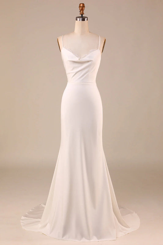 Minimalist ivory fish tail thin shoulder straps and floor length backless wedding dress