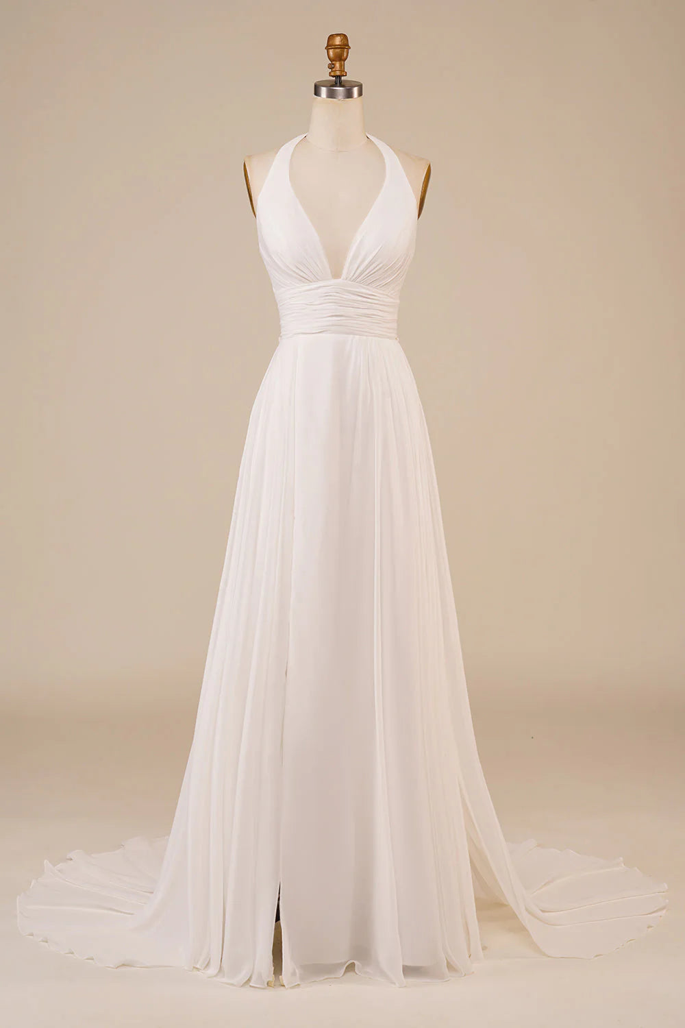 A-shaped sleeveless off shoulder slit hanging neck ivory sweeping drag tail off back wedding dress