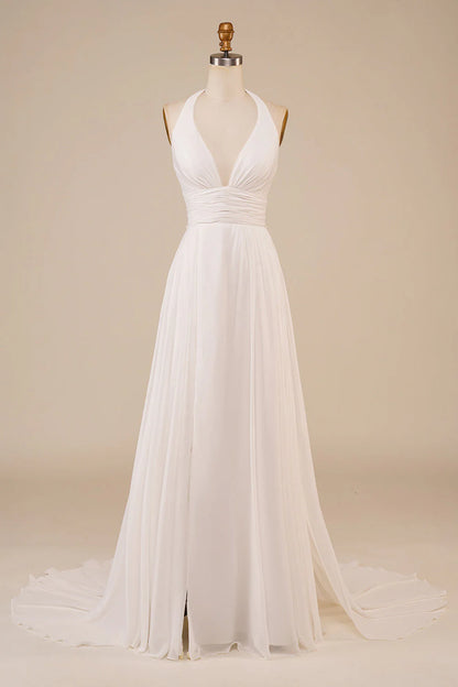 A-shaped sleeveless off shoulder slit hanging neck ivory sweeping drag tail off back wedding dress