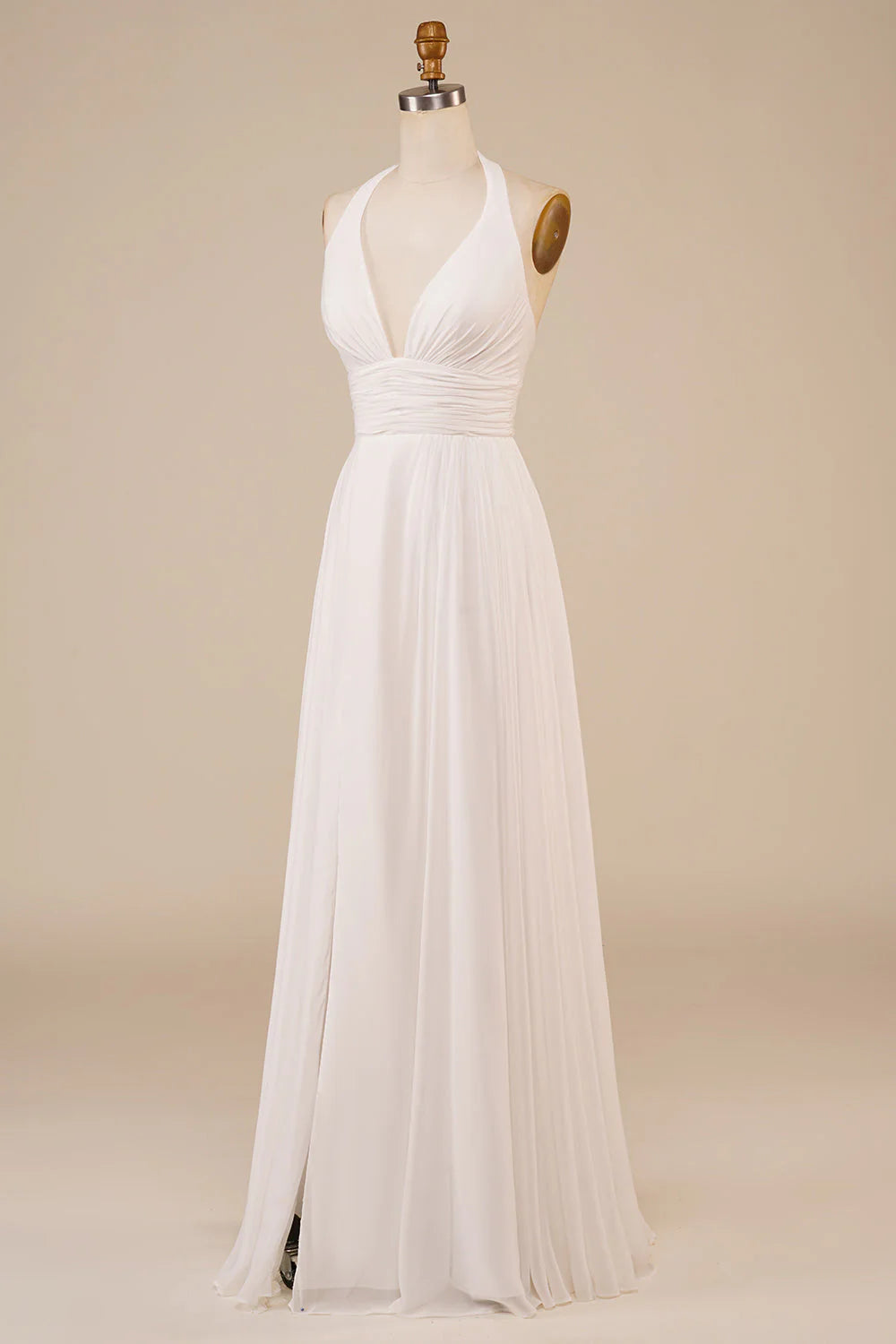 A-shaped sleeveless off shoulder slit hanging neck ivory sweeping drag tail off back wedding dress