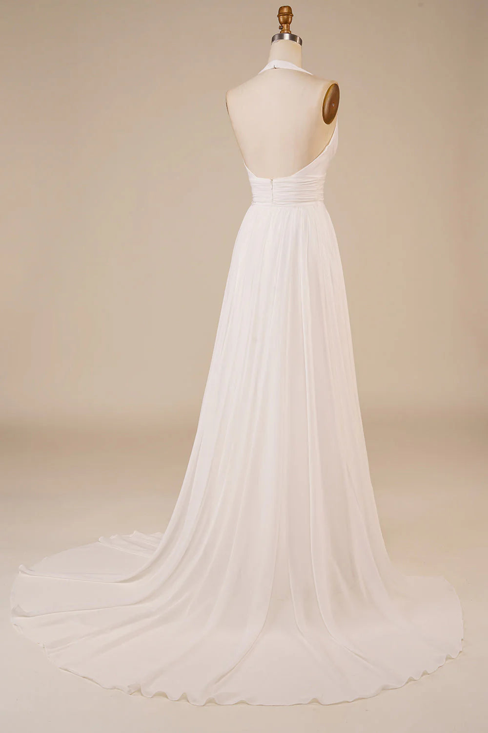 A-shaped sleeveless off shoulder slit hanging neck ivory sweeping drag tail off back wedding dress