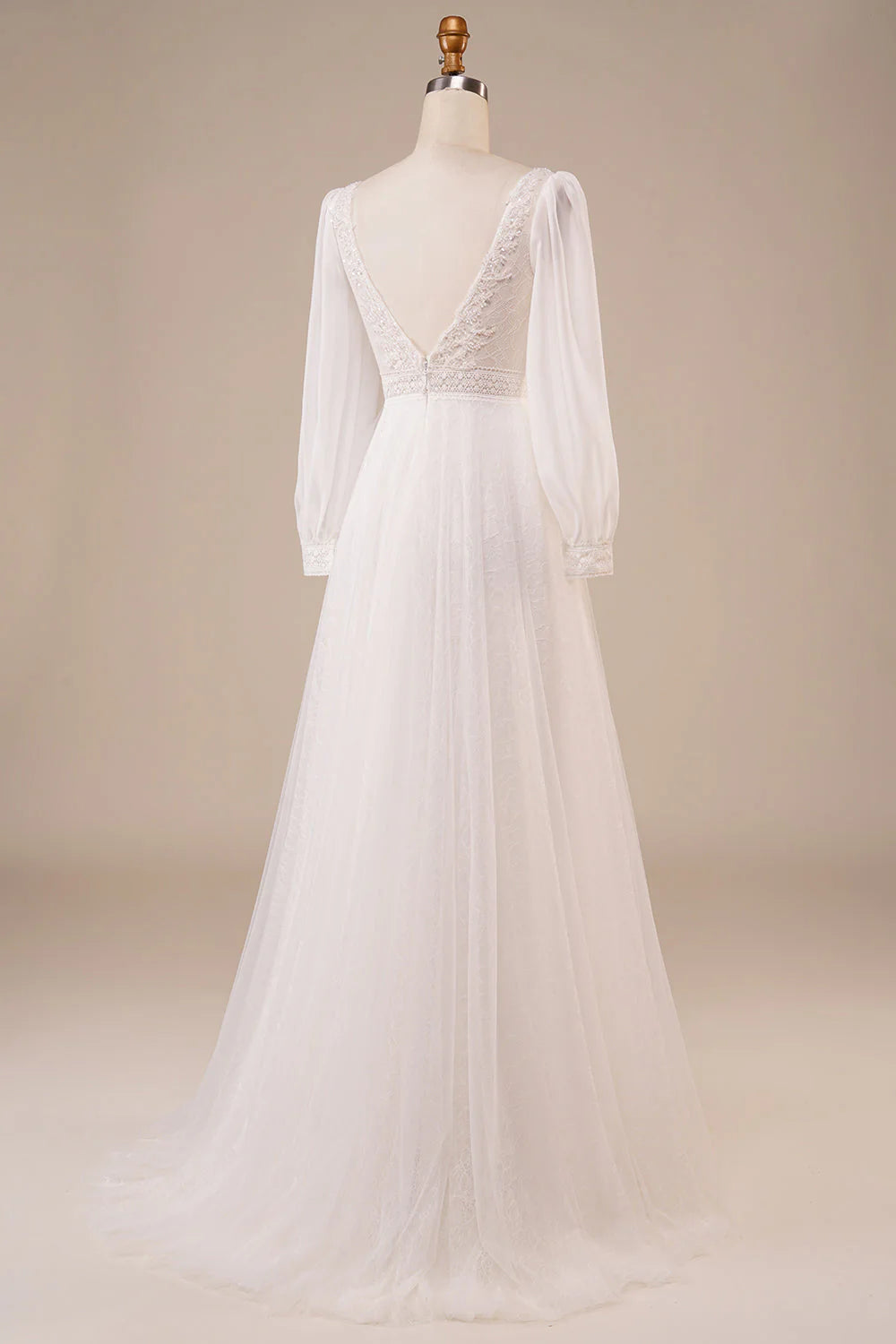 A-shaped sheer beaded ivory V-neck backless sleeveless wedding dress