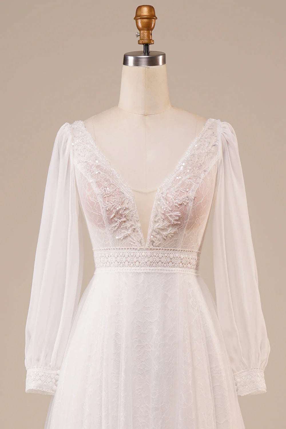 A-shaped sheer beaded ivory V-neck backless sleeveless wedding dress