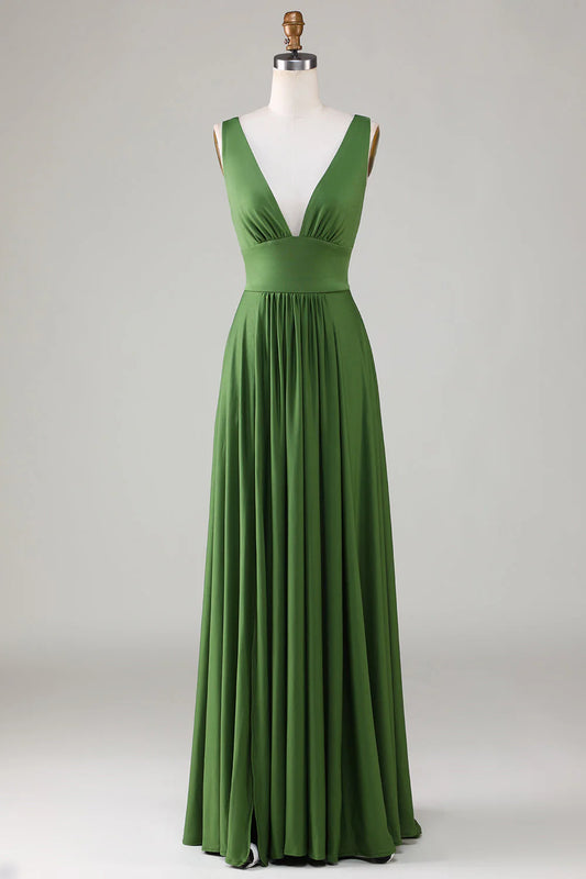 Olive deep V-neck sleeveless bridesmaid dress