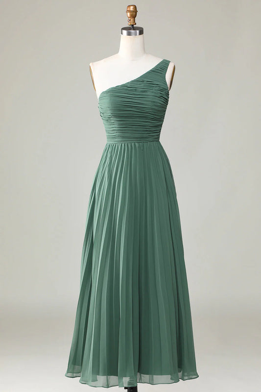 Eucalyptus one shoulder A-line pleated bridesmaid dress