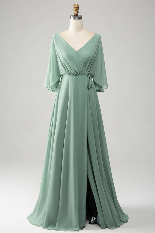 Matcha Batwing Sleeves Long Chiffon Split Bridesmaid Dress