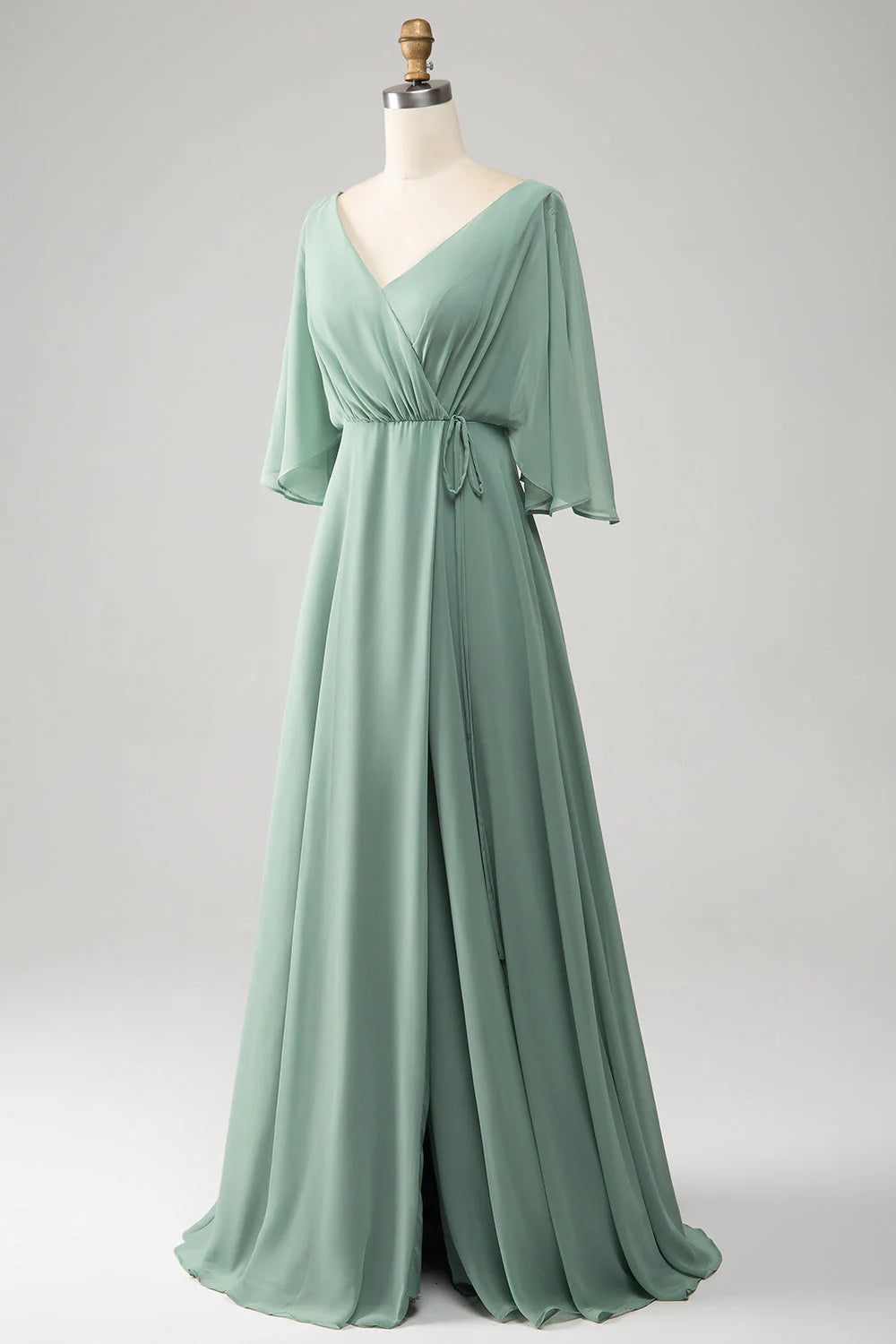 Matcha Batwing Sleeves Long Chiffon Split Bridesmaid Dress