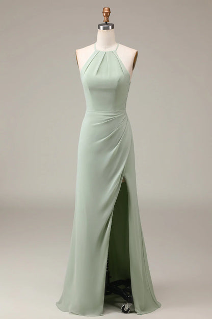 Matcha hanging neck tight pleated slit bridesmaid dress