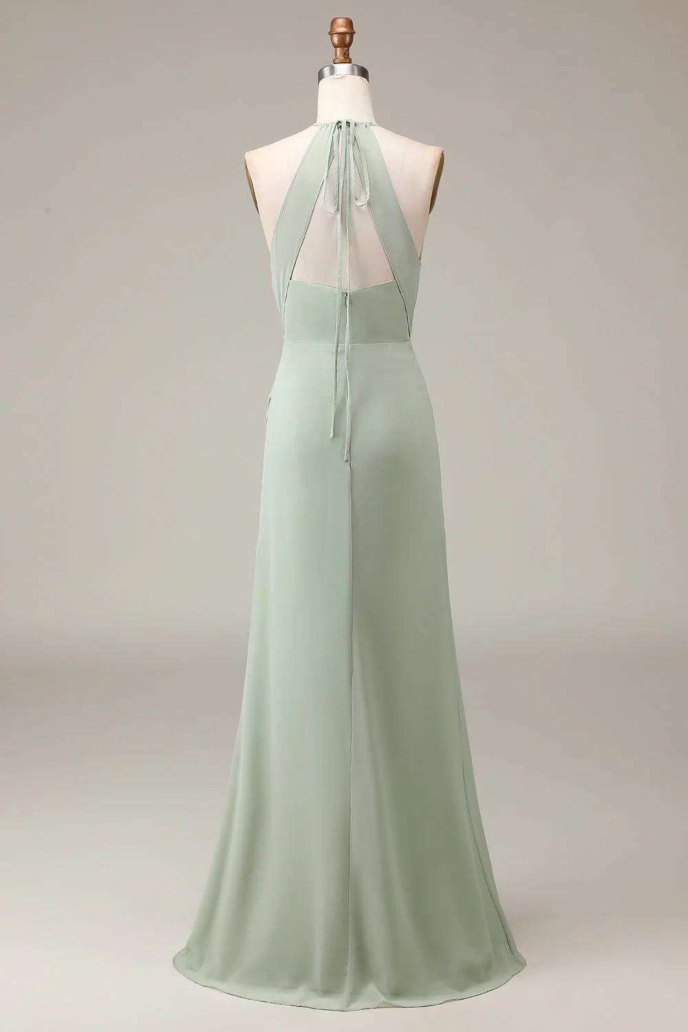 Matcha hanging neck tight pleated slit bridesmaid dress