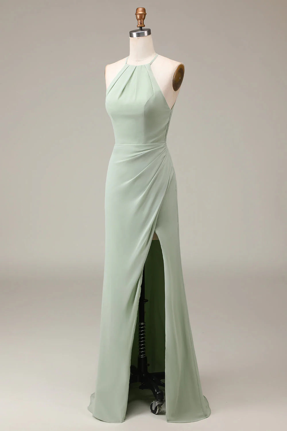 Matcha hanging neck tight pleated slit bridesmaid dress