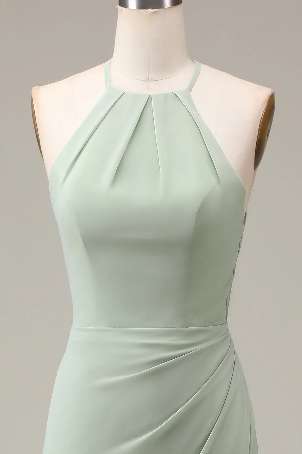 Matcha hanging neck tight pleated slit bridesmaid dress