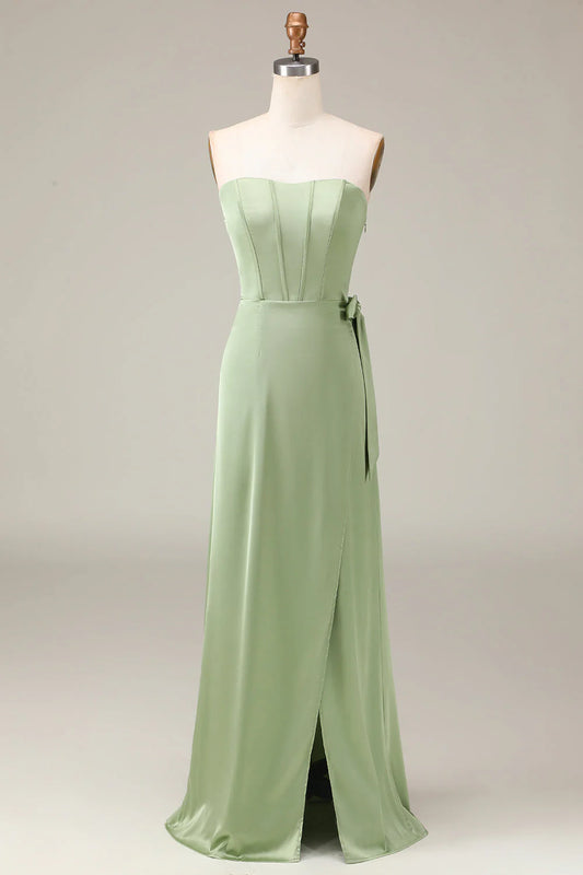 Matcha strapless tight fitting corset with A-line slit satin bridesmaid dress