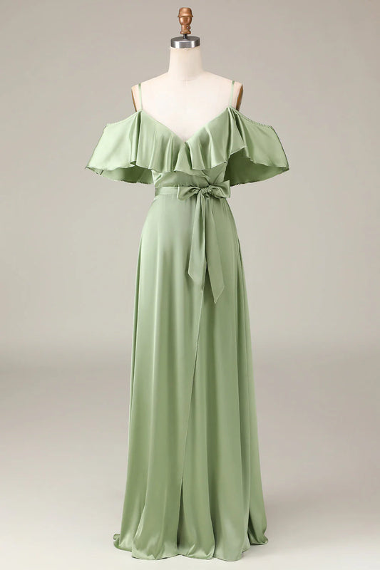 Matcha thin shoulder strap off shoulder A-line satin bridesmaid dress