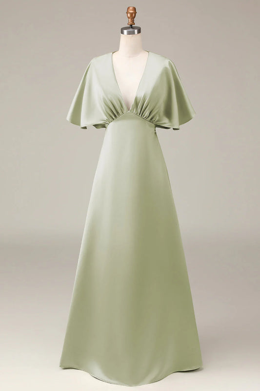 Dusty Sage V-neck short sleeved A-line satin bridesmaid dress