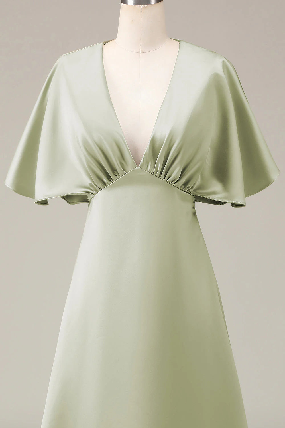 A-line V-neck short sleeved satin bridesmaid dress