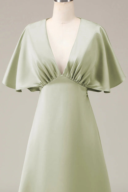 A-line V-neck short sleeved satin bridesmaid dress