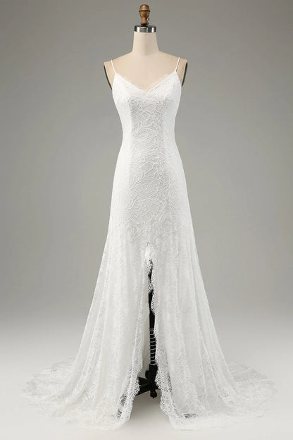 Ivory fish tail lace thin shoulder strap slit wedding dress