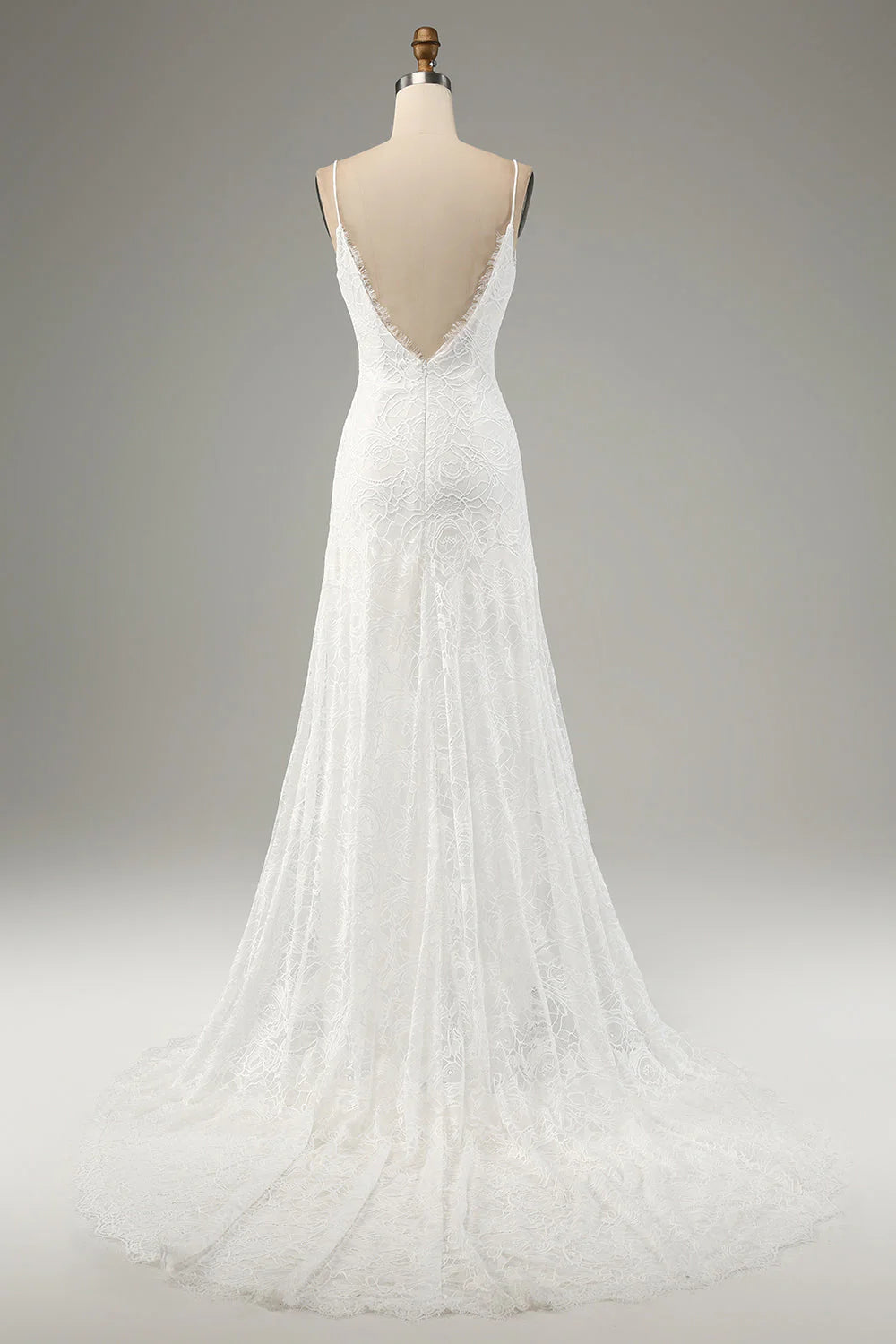 Ivory fish tail lace thin shoulder strap slit wedding dress