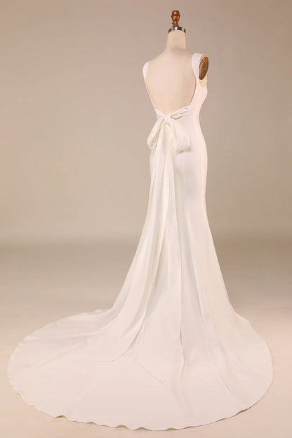 Ivory Dew Back Bow Simple Fishtail and Floor Length Wedding Dress