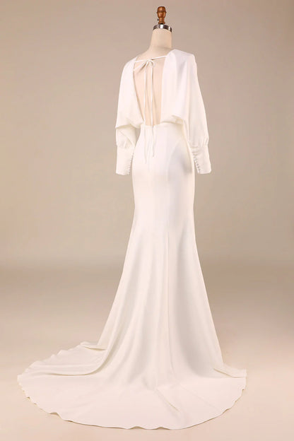 Minimalist ivory fishtail long sleeved backless deep V-neck wedding dress