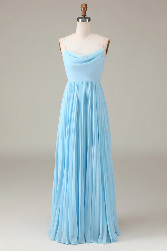 Sky blue thin shoulder strap high neckline pleated backless A-line chiffon bridesmaid dress