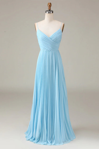 Sky blue thin shoulder strap V-neck A-line pleated chiffon bridesmaid dress