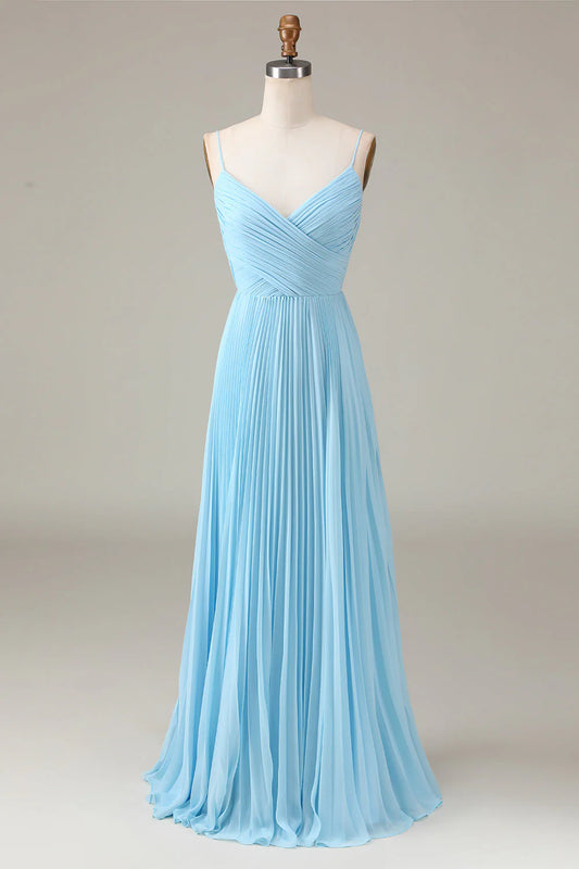 Sky blue thin shoulder strap V-neck A-line pleated chiffon bridesmaid dress