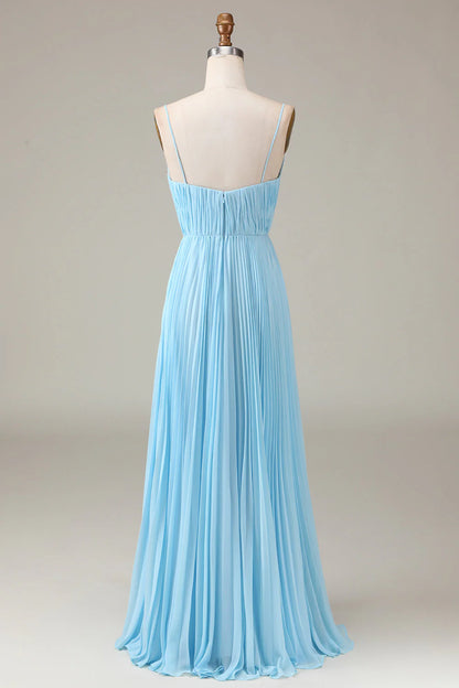 Sky blue thin shoulder strap V-neck A-line pleated chiffon bridesmaid dress