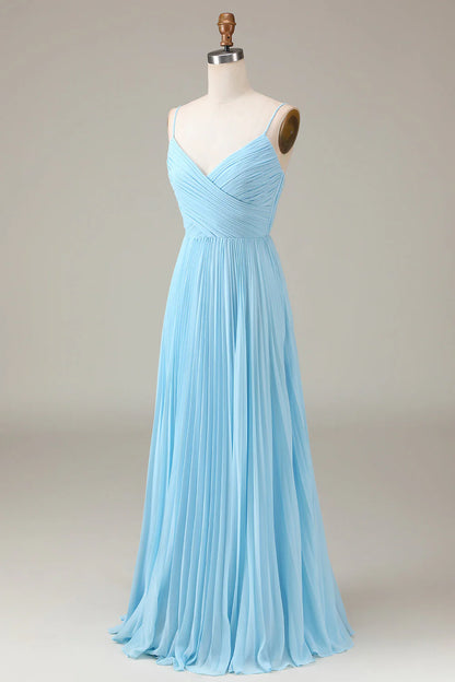 Sky blue thin shoulder strap V-neck A-line pleated chiffon bridesmaid dress