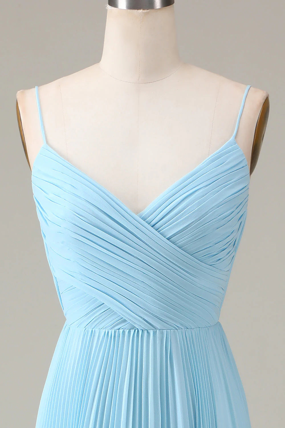 Sky blue thin shoulder strap V-neck A-line pleated chiffon bridesmaid dress