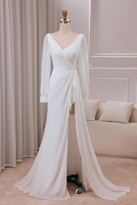 Ivory V-neck long sleeved A-line chiffon and floor length wedding dress