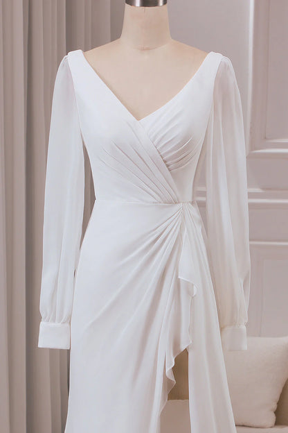 Ivory V-neck long sleeved A-line chiffon and floor length wedding dress