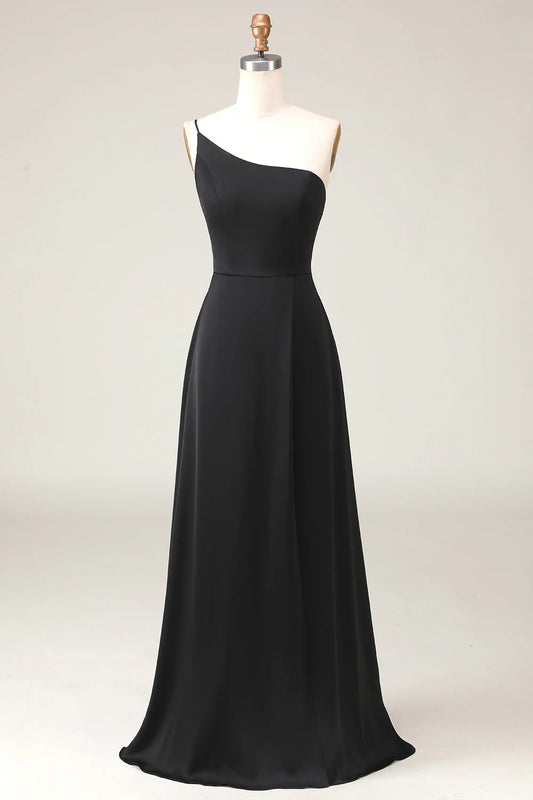 Black A-line Chiffon Shoulder to Floor Bridesmaid Dress