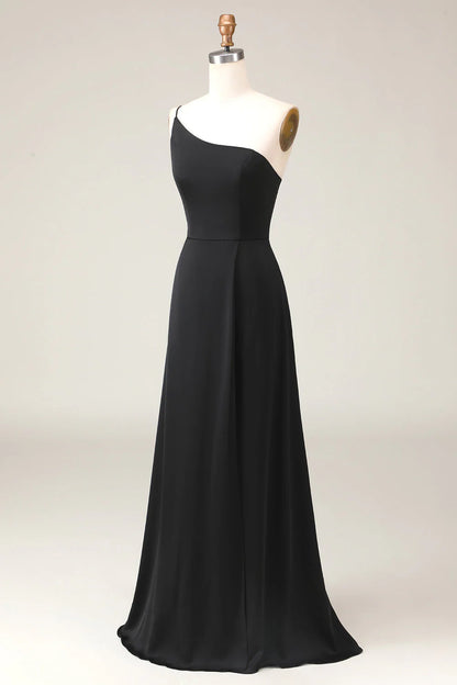 Black A-line Chiffon Shoulder to Floor Bridesmaid Dress