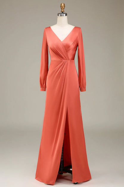 A-neck slit red pottery satin bridesmaid dress