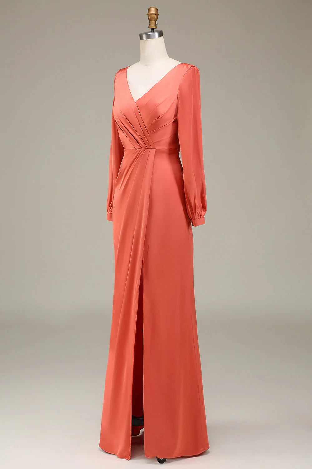 A-neck slit red pottery satin bridesmaid dress