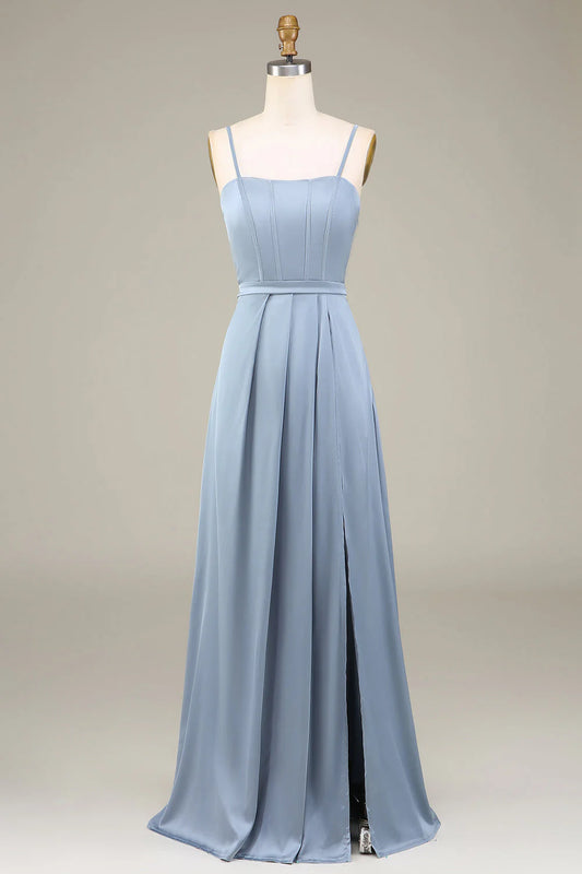 Grey blue A-line thin shoulder strap satin long bridesmaid dress