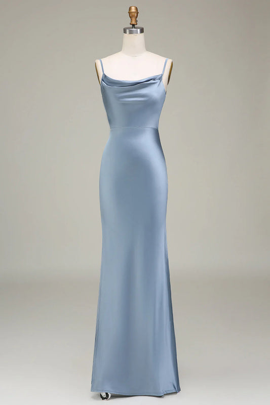 Grey blue tight fitting thin shoulder strap satin long bridesmaid dress