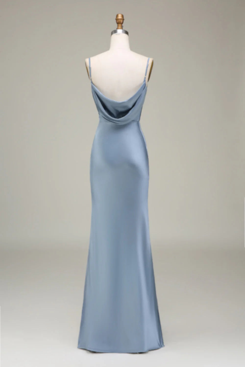 Grey blue tight fitting thin shoulder strap satin long bridesmaid dress