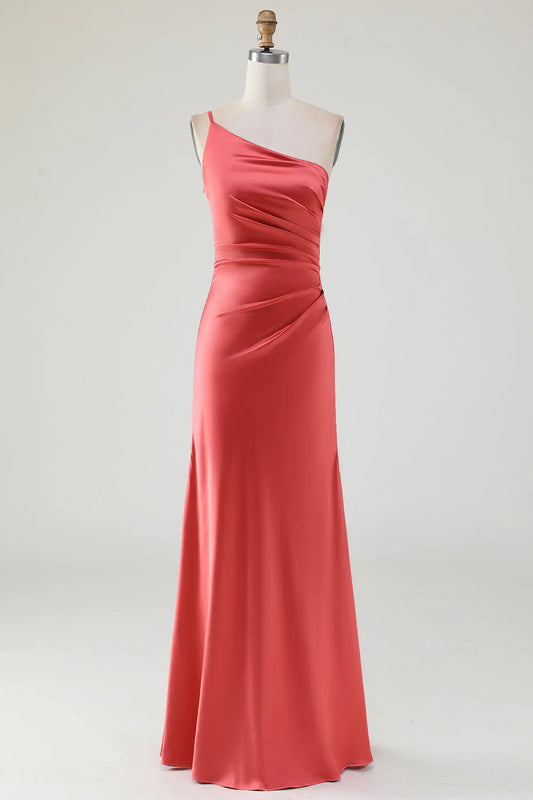 Red earth one shoulder ground pleated satin bridesmaid dress