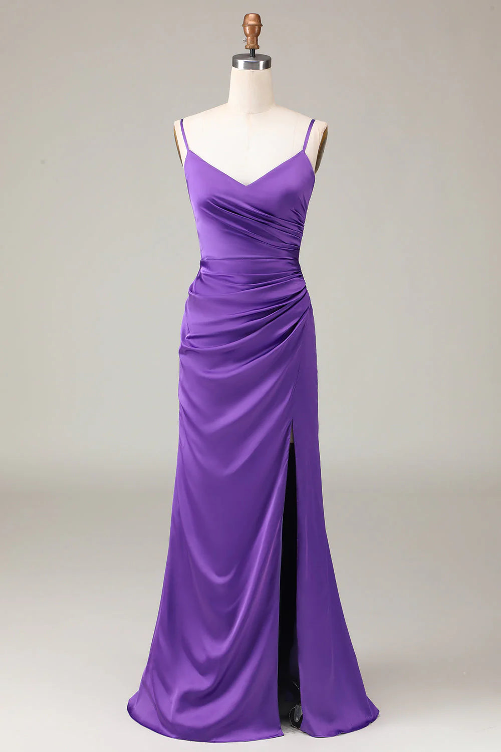 Purple thin shoulder strap V-neck tight slit satin bridesmaid dress