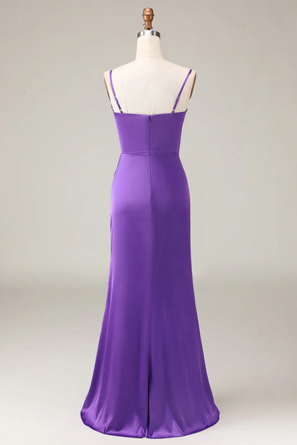 Purple thin shoulder strap V-neck tight slit satin bridesmaid dress