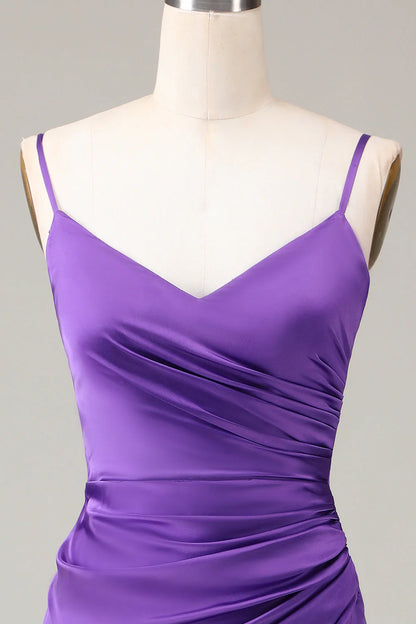 Purple thin shoulder strap V-neck tight slit satin bridesmaid dress