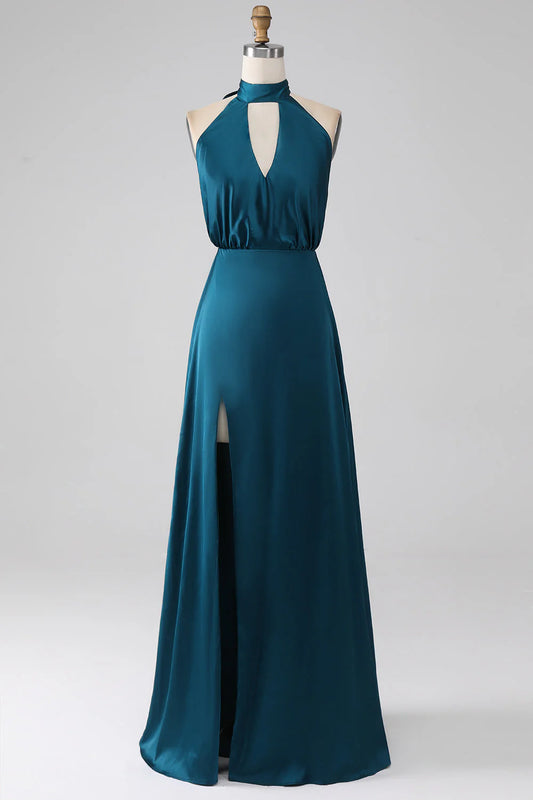 Peacock A-shaped hanging neck long slit bridesmaid dress