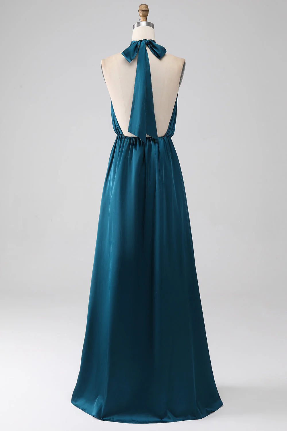 Peacock A-line Hanging Neck Long Split Bridesmaid Dress