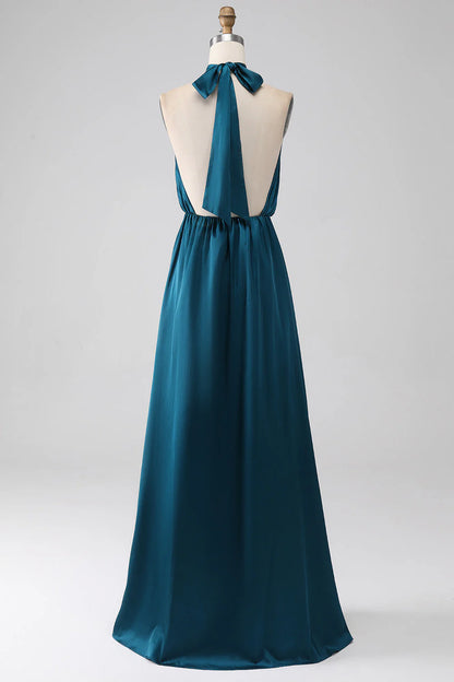 Peacock A-line Hanging Neck Long Split Bridesmaid Dress