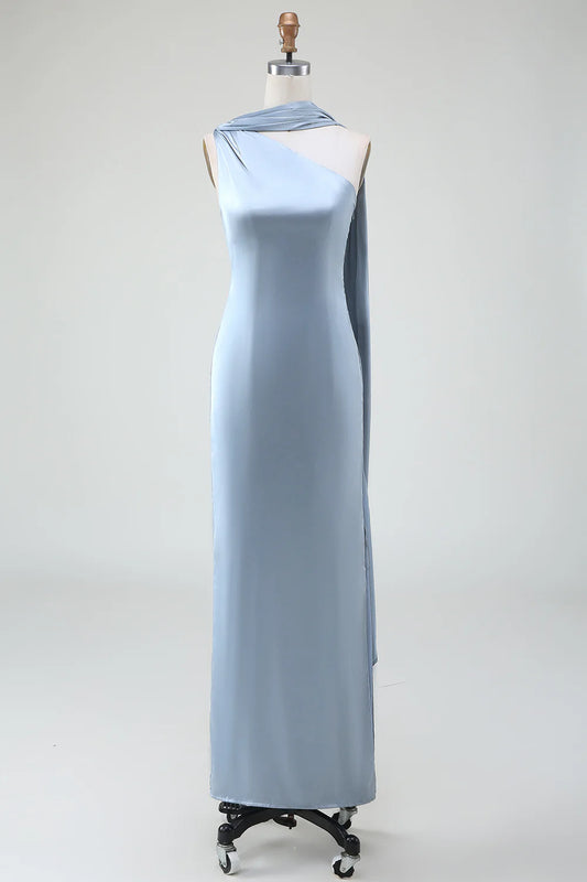 Slim fit one shoulder long satin grey blue bridesmaid dress