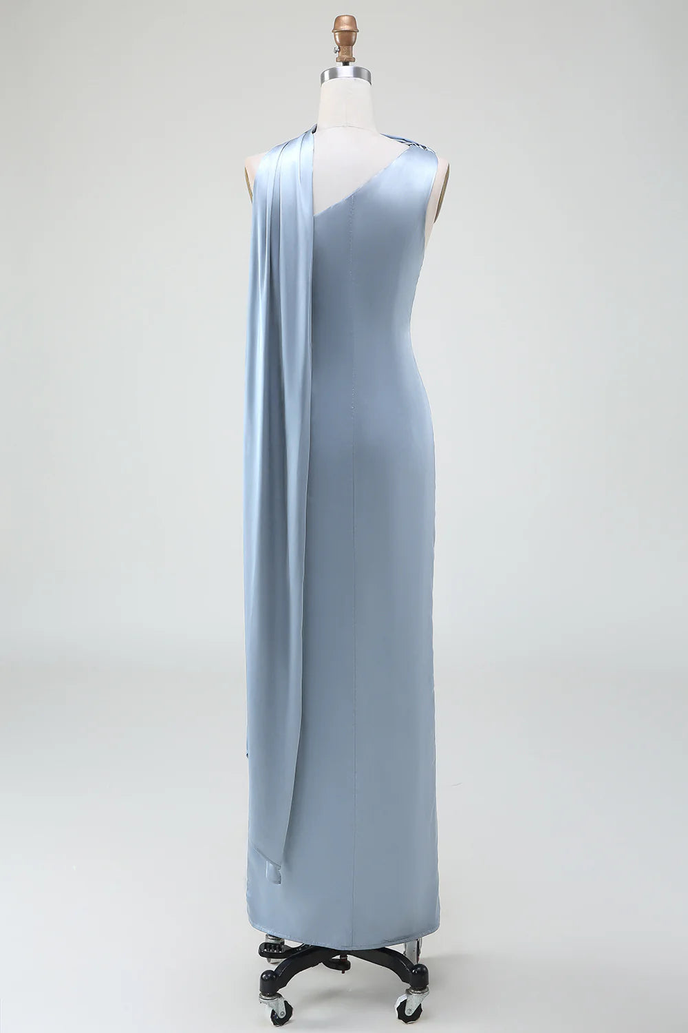 Slim fit one shoulder long satin grey blue bridesmaid dress