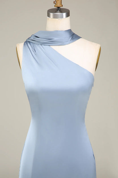 Slim fit one shoulder long satin grey blue bridesmaid dress